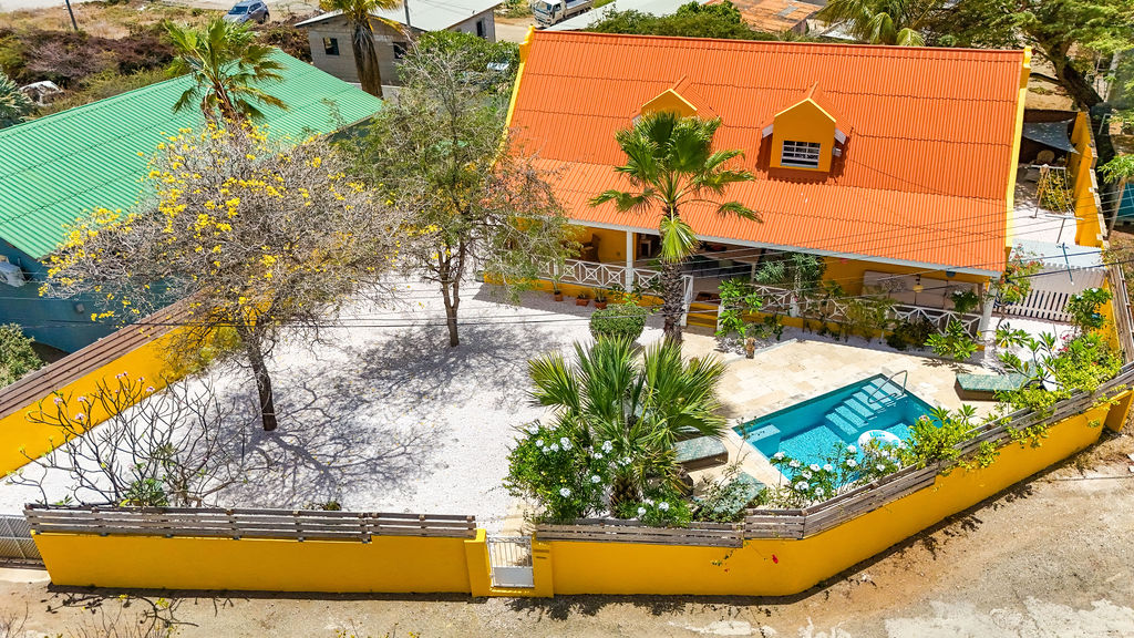 Aerial view of the walled garden with flowering trees and pool