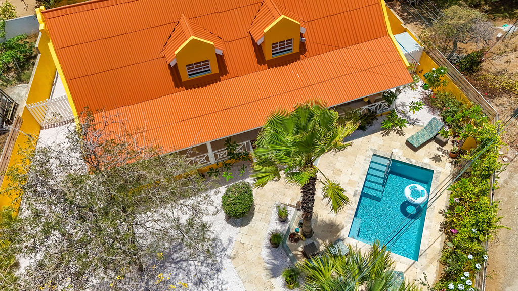 Aerial close-up of the dormer windows, palms and turquoise pool