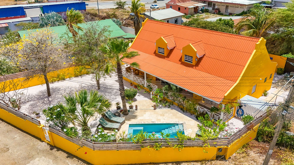 Aerial view showing the walled garden, palms and pool