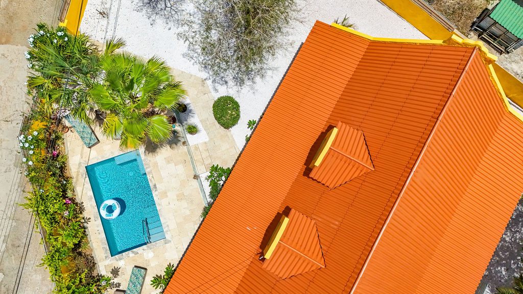 Top-down view of the pool, sun loungers and orange roof