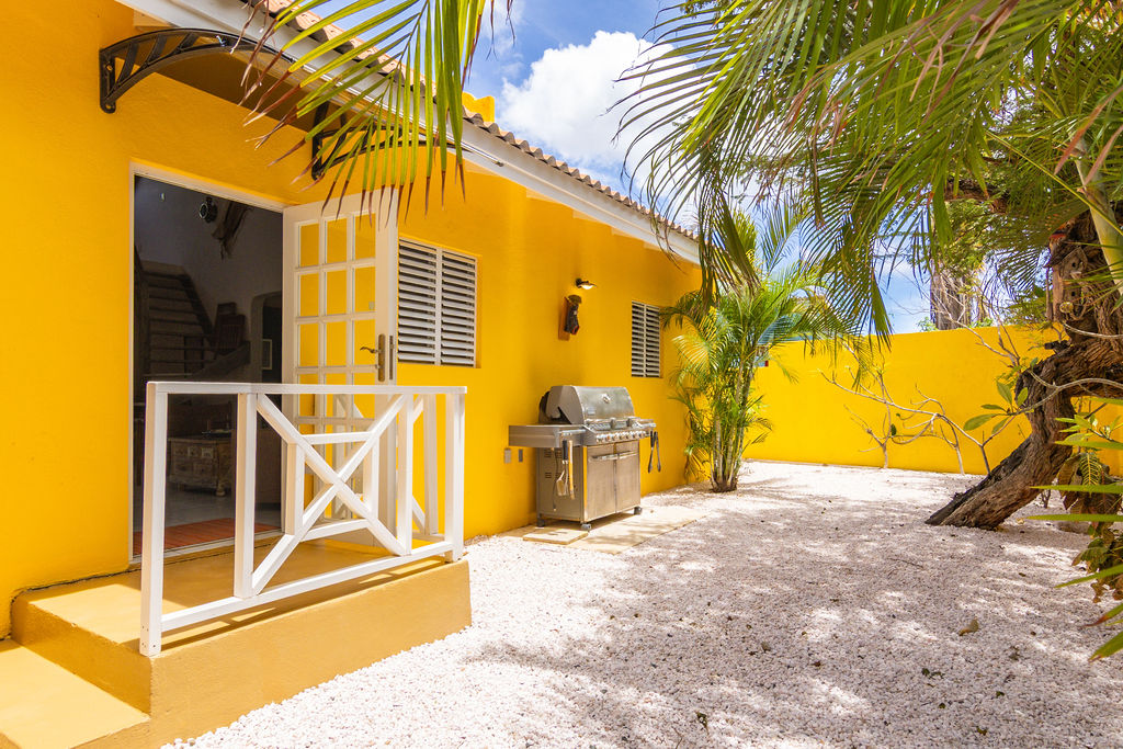 Private BBQ corner with gas grill and palms