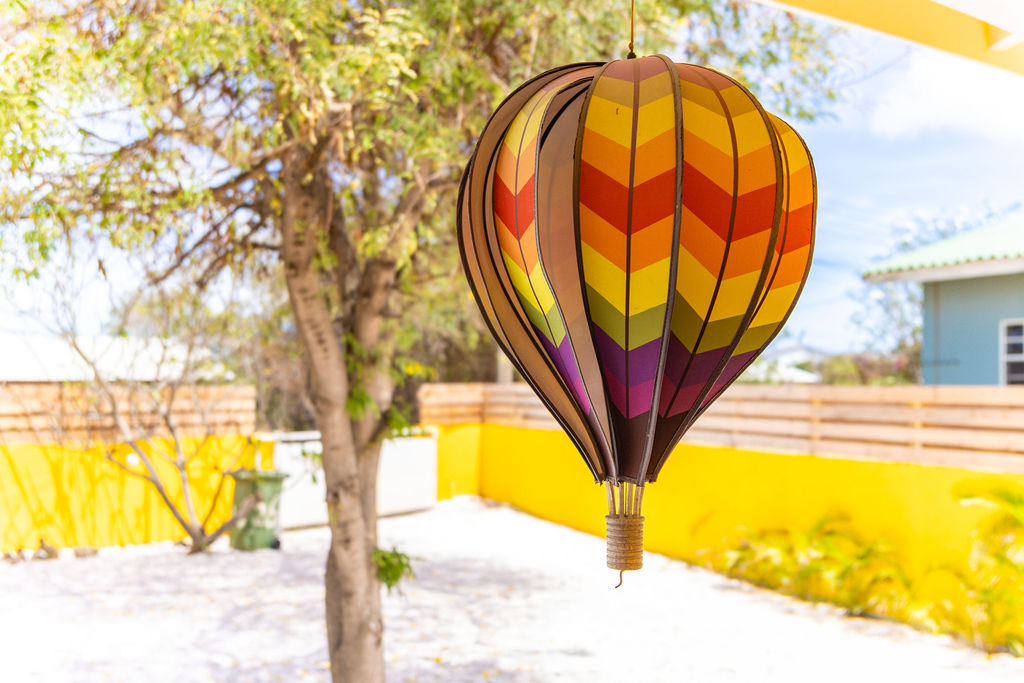 Colorful hot-air-balloon wind spinner in the garden